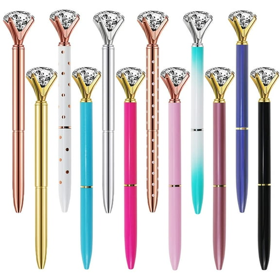 Diamond Pens Fun Fancy Crystal Diamond Pen For Women, Bling Metal Pens, Black Ink, 12 Count (Mixed Colors)