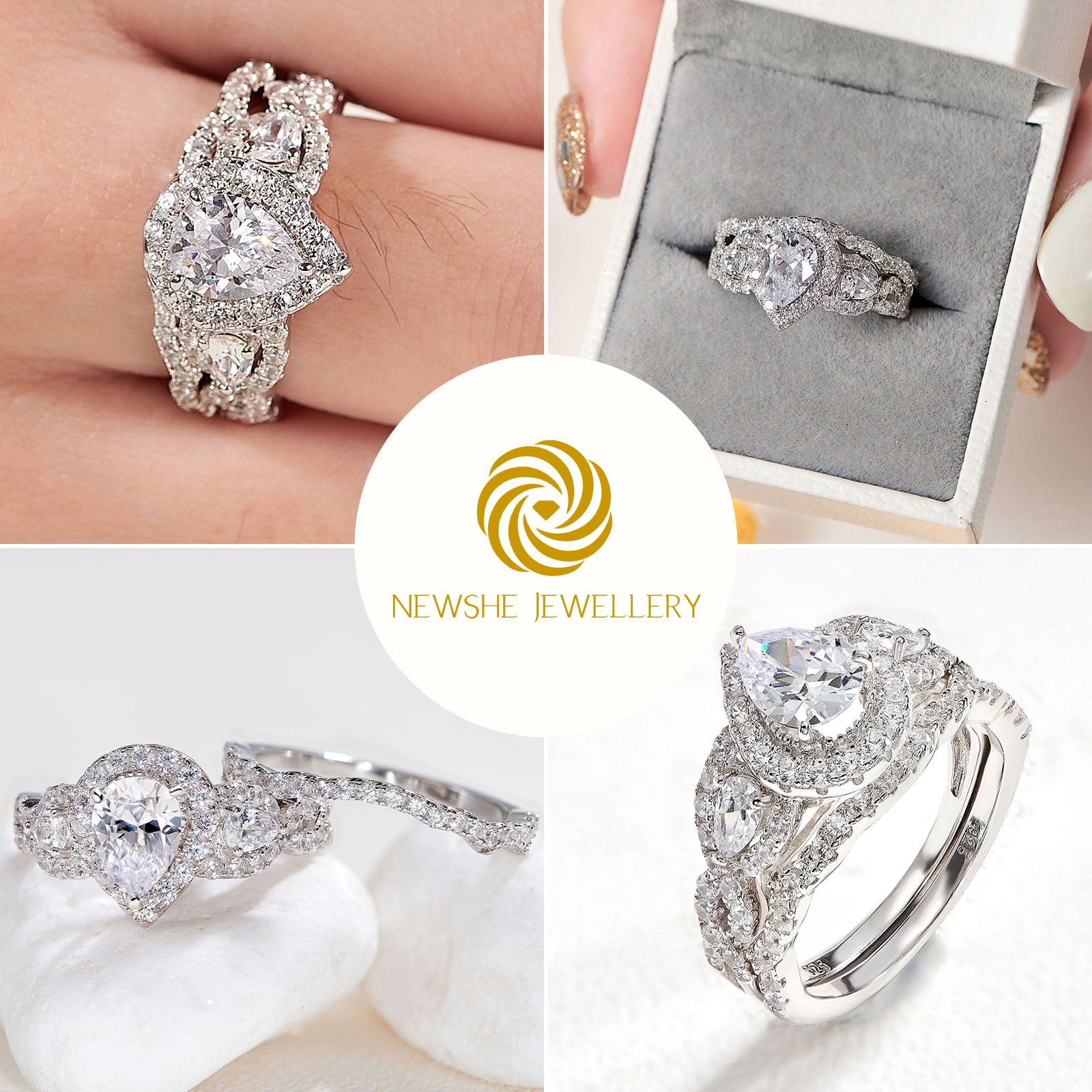 Newshe Engagement Wedding Ring Set For Women 925 Sterling Silver 2.5ct Pear Shape White Cz Size 9