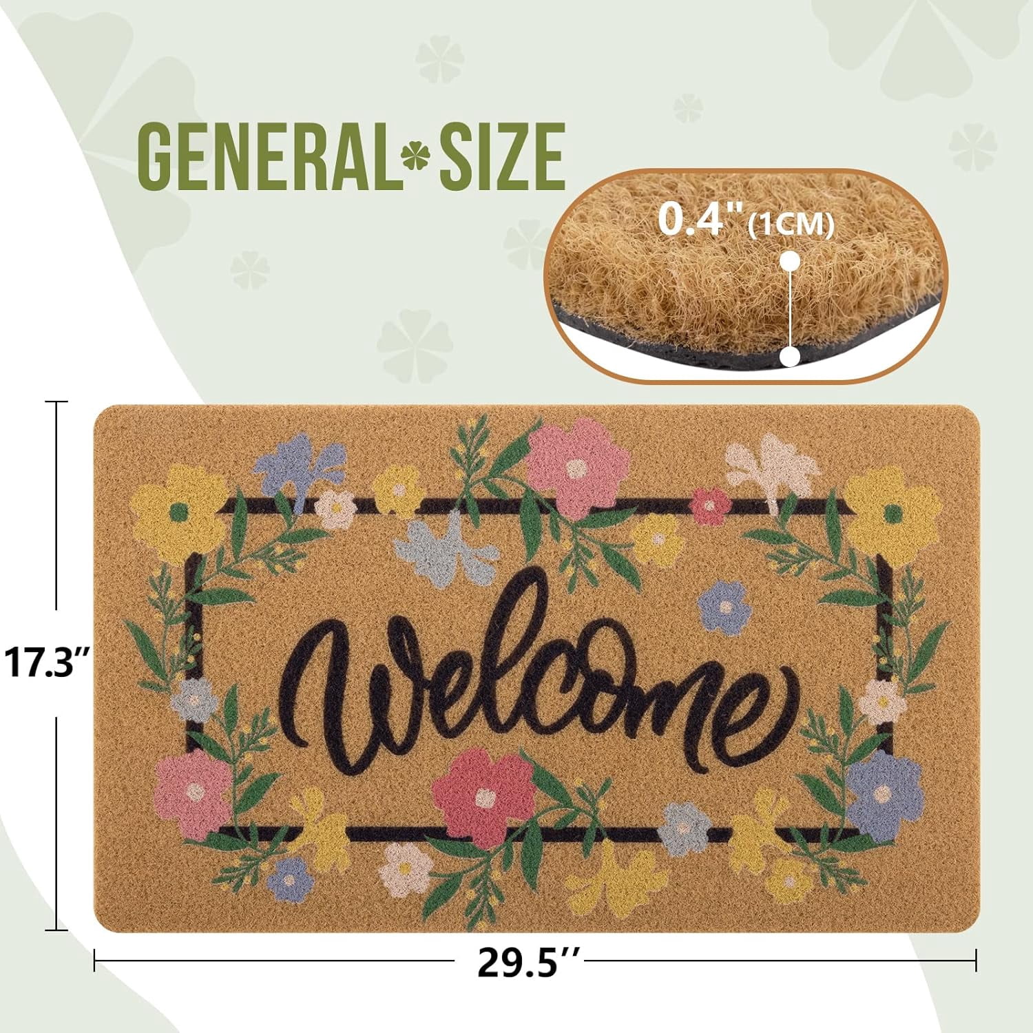 Artificial Coir Doormat with Non-Slip Backing for Indoor and Outdoor 17 x 30 inch Front Door Welcome Mat Spring Summer Seasonal Doormat, Welcome Flower Garland