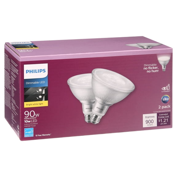 Philips LED 90-Watt PAR38 Indoor & Outdoor Floodlight Light Bulb, Warm White, Dimmable, E26 Medium Base (2-Pack)