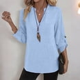 thumbnail image 5 of XPMWRP Linen Shirts for Women Summer Tops Roll Up 3/4 Sleeve Notched V Neck Dressy Casual Blouses Trendy Clothing Sky Blue XXL, 5 of 9