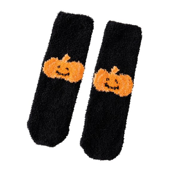 Halloween Mid Calf Slipper Socks for Women Thick Plush Warm Fuzzy Home Lounge Socks with Festive Graphic Ultra Soft Non-Slip Ideal for Cozy Indoor Wear and Cold Seasons Black