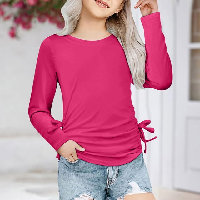 MKOSPLRT Girls Long Sleeve Shirts Round Neck Ruched Knot Tops Casual Pleated T Shirts Basic Solid Color Blouses Fashion Y2K Tunic Shirts
