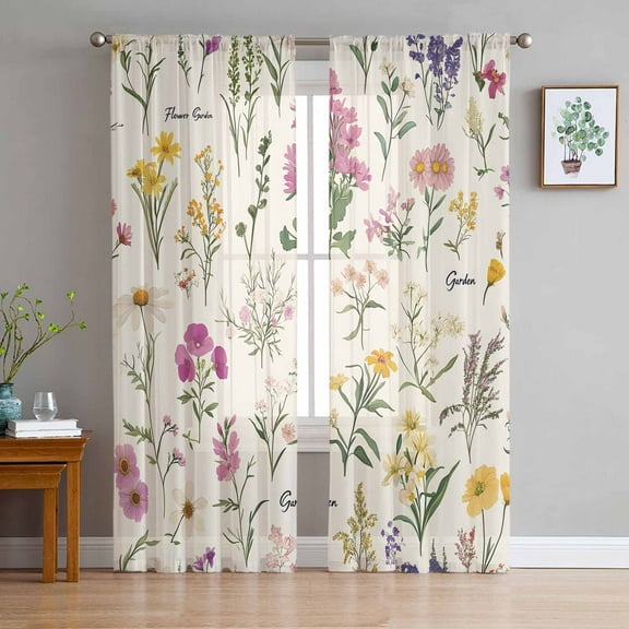 Wildflowers Sheer Curtains 84 Inches Long 2 Panels Set, Window Sheer Curtains for Living Room/Bedroom, Blossoming Botanical Prints Garden Floral Light Filtering Rod Pocket Curtain 52'' x 84'' x 2