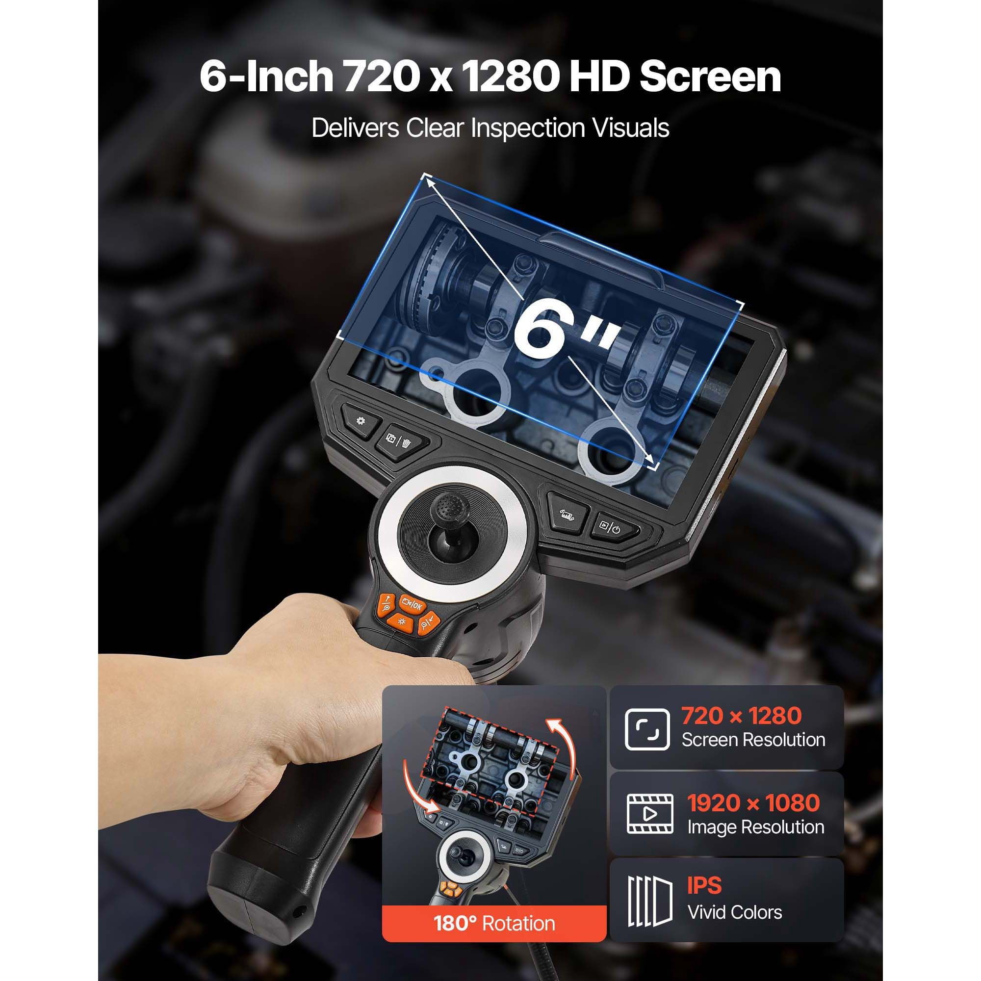 4-Way 360° Articulating camera, 6" HD IPS 1080p, 8X Zoom, 7000mAh, IP67, 4.9FT Snake for Auto & Plumbing