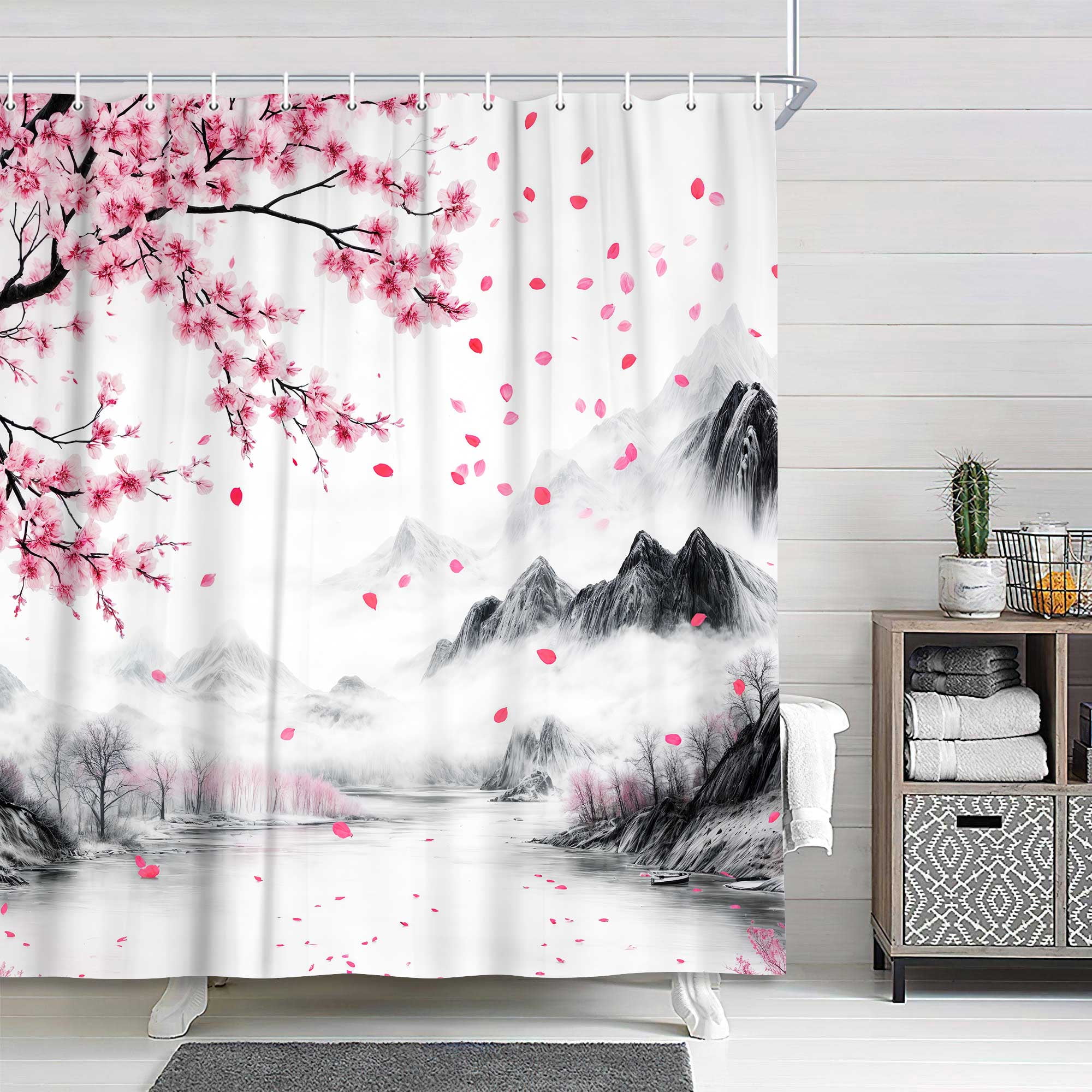 Cherry Blossom Shower Curtain, Japanese Asian Pink Floral Asian Mountain Bathroom Decor, Waterproof Cloth Fabric Bath Curtain with Hooks, 72X72in