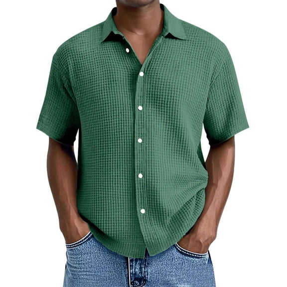 Mens Casual Waffle Shirt Short Sleeve Button Down Shirts Loose Fit Green XL
