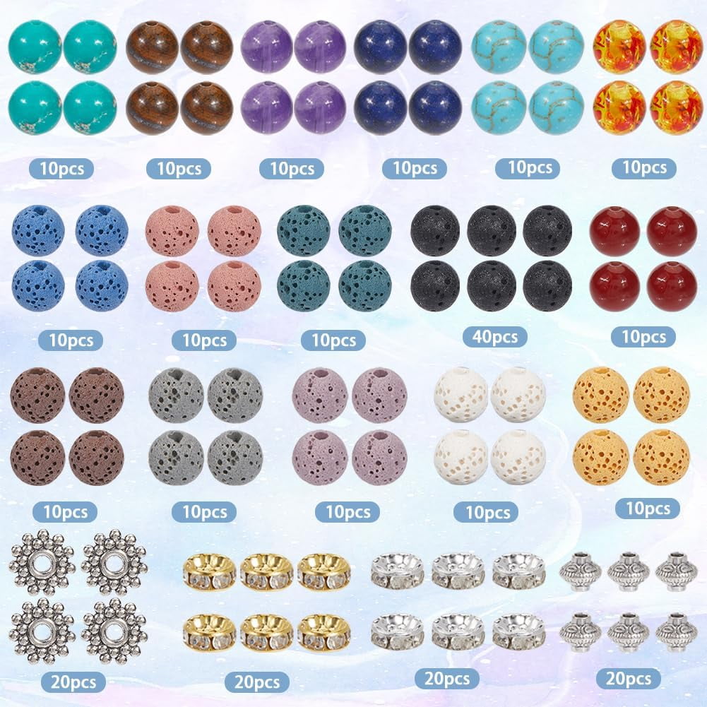 1 Box 270Pcs Gemstone Beads Kit 7 Beads Essential Oils Lava Beads Lazuli Tiger Eye Amethyst Lava Rock Bead Round Stone Beads for Jewelry Making DIY Earrings Bracelet Necklace