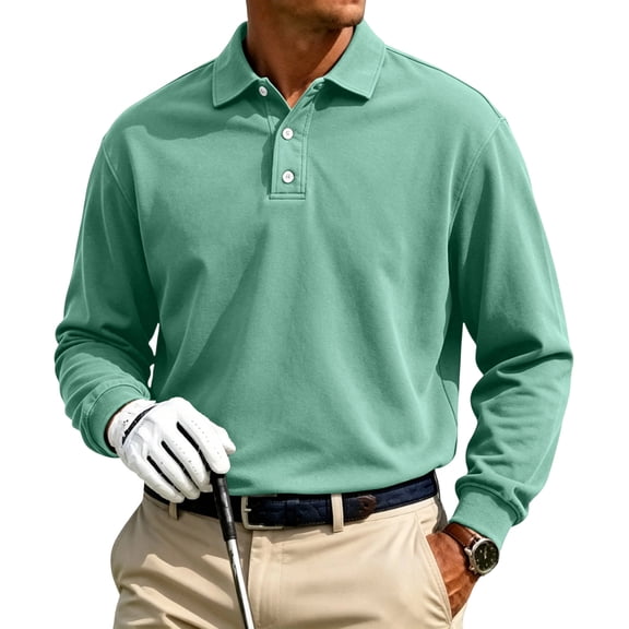 Fabrcox S-5XL Men’s Polo Shirt Long Sleeve Golf Shirt for Men 3 Button Casual Loose Fit Athletic Sports Business Mens Big and Tall Shirts Green L
