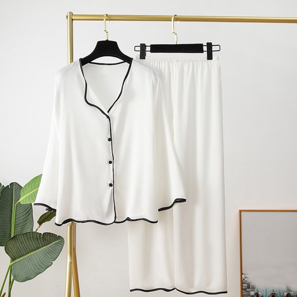 Limited Time Deals! Cotton Underwear For Women Womens Fashion Solid Color Pajamas Two Piece Suit Long Sleeve Pants Set Homewear