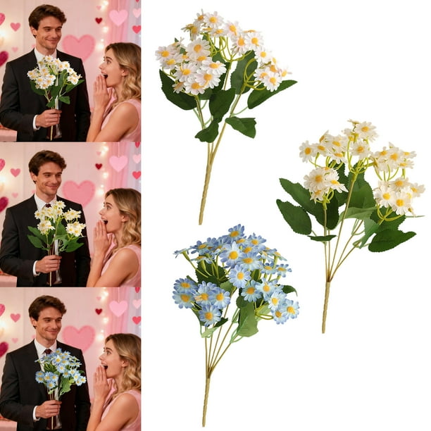 Ramo artificial de flores de plástico - rosa blanco, azul 1 pieza • recuerdo decorativo de 13 pulgadas, sin mantenimiento, resistente al desvanecimiento, regalo romántico para exhibición en la