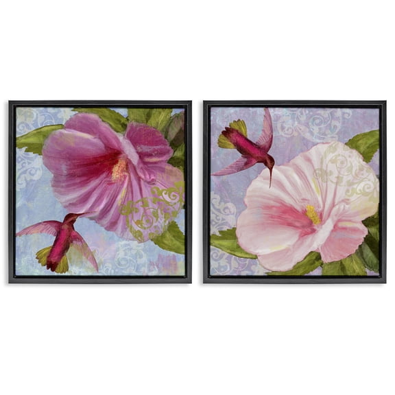 Stupell Industries Hummingbirds & Poppy Bulbs Floral Painting Black Floater Framed Canvas Art Print Wall Art, 18 x 18, Set of 2
