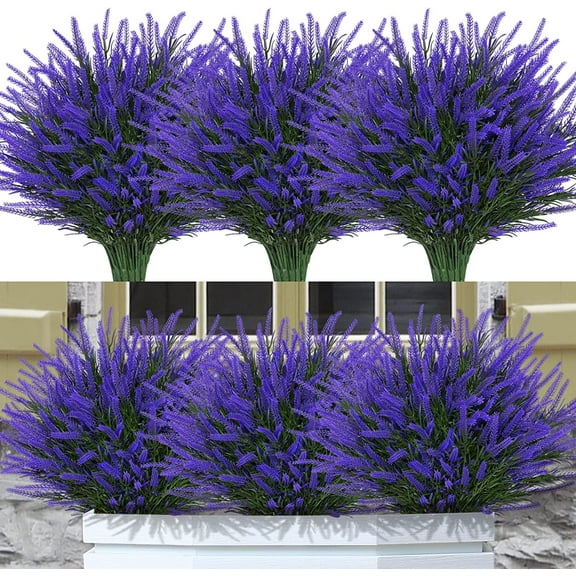 Fake Outdoor Flowers UV Resistant Plants Artificial Lavender Faux Plastic Shrubs Window Box Garden Porch Home Decor(Purple)