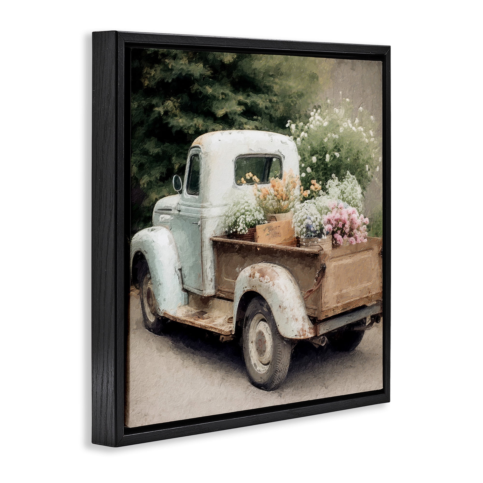 Stupell Industries Country Florals in Truck Transportation Painting Black Floater Framed Canvas Art Print Wall Art, 18 x 18