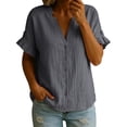 thumbnail image 2 of Women's Button Down Shirts Short Puff Sleeve Dressy Tops Casual Loose Fit Cotton Linen Tshirts 2026 Grey L, 2 of 8