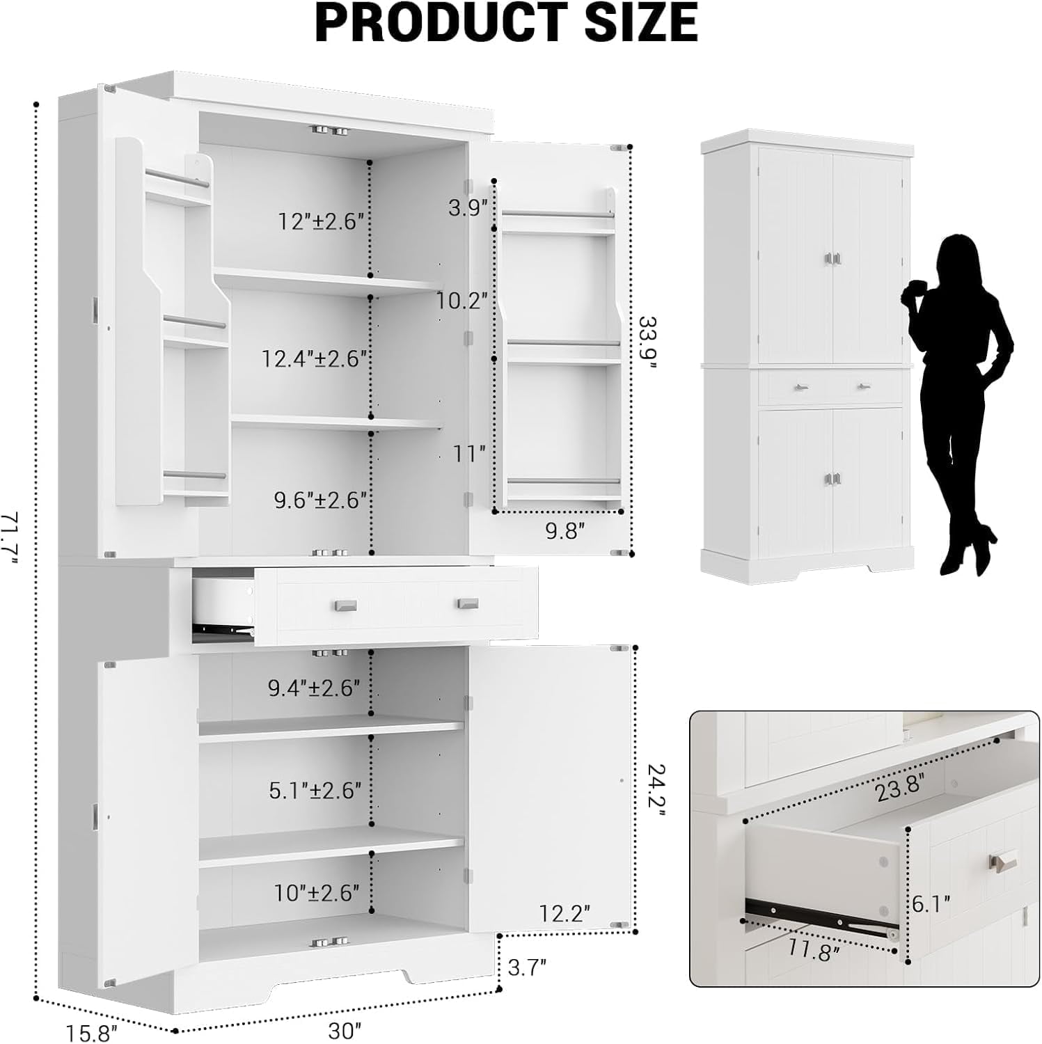 Yeshouse 71.7 Inch Kitchen Pantry Cabinet,Freestanding High Cupboard Bathroom Storage Cabinet with 2 Drawer & Cabinets, 3 Adjustable Shelves, 6 Door Shelves,for Living Room, Kitchen
