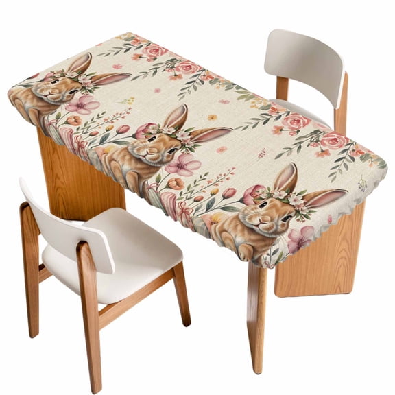 Easter Table Cloths for 3 Foot Rectangle Tables, Rustic Spring Rabbit Eggs Botanical Florals Herbs Patio Waterproof Elastic Fitted Tablecloths, Washable Rectangular Table Cover for Camping