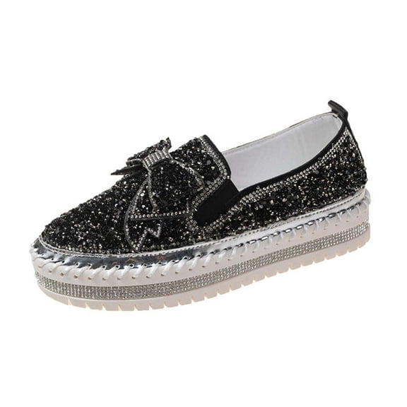 Lovskoo 2024 Women's Platform Shoes Plus-Size Flat Color-Matching Rhinestones Slip-On Loafers Black