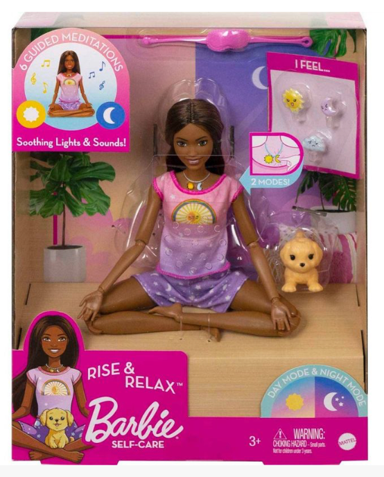 Barbie Poseable Self-Care Rise Relax Doll with Gray Puppy Toy