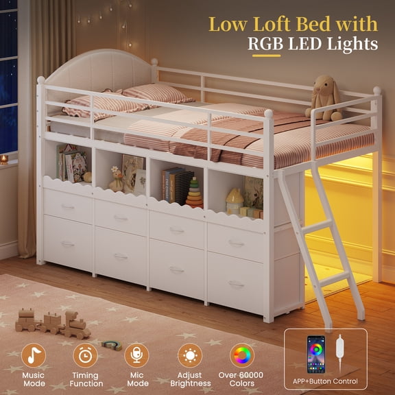 Low Loft Bed Twin Size with 8 Storage Drawers, Bookcase and LED Lights, Metal Loft Twin Bed Frame with Upholstered Headboard, Under-Bed Play Space and 13.8''H Safety Guardrail, White