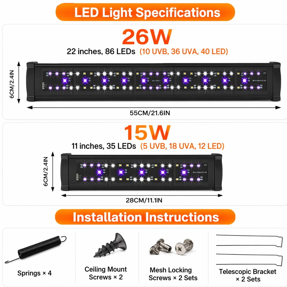 WISHRUN 22-Inch LED UVB Light for Reptiles, 26W Adjustable 10.0-20.0 UVA UVB Lamp with Dimmer & Timer, Full Spectrum Sun Light for Bearded Dragon, Turtles, Snake Terrarium Tank