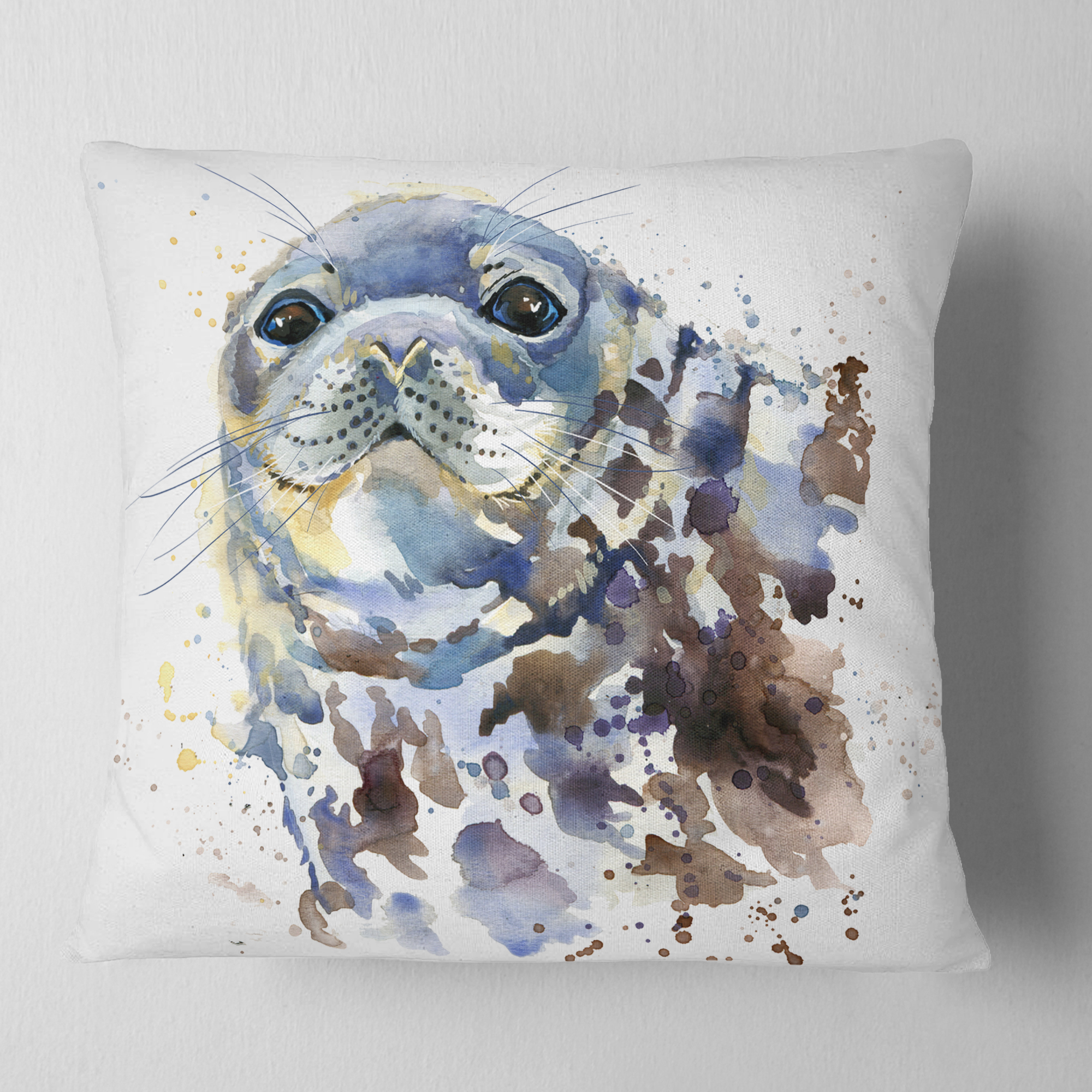 Designart Blue Marine Seal Watercolor - Contemporary Animal Throw Pillow - 16x16