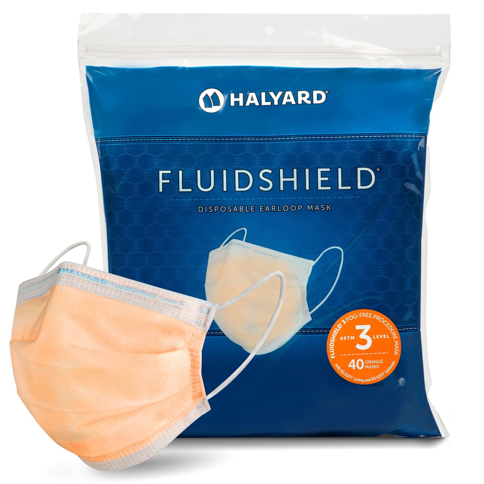HALYARD FLUIDSHIELD 3 Disposable Face Mask - Level 3, Orange, Box of 40 - Pleat Style Face Mask with SO SOFT Lining and Earloops, Model 47107