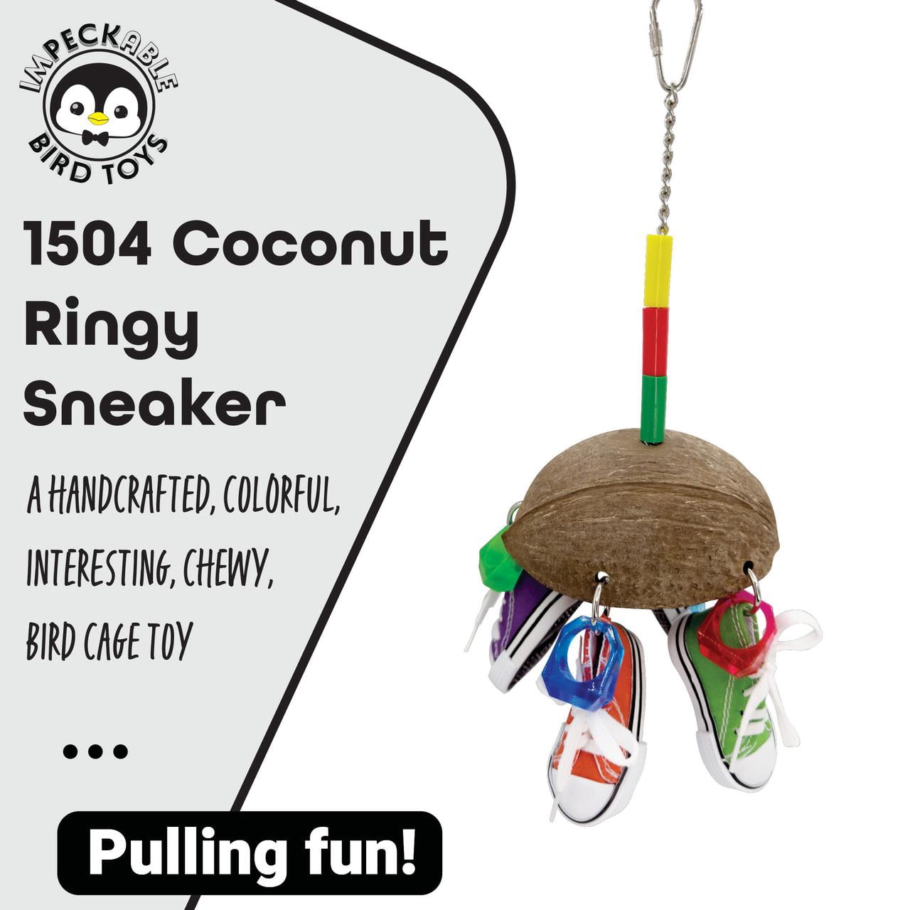 1504 Coconut Ringy Sneaker Bird Toy with Coconut Shell Mini Sneakers Acrylic Rings – Handcrafted by Impeckable Bird Toys – For Medium Birds Chewing Tugging Enrichment Fun