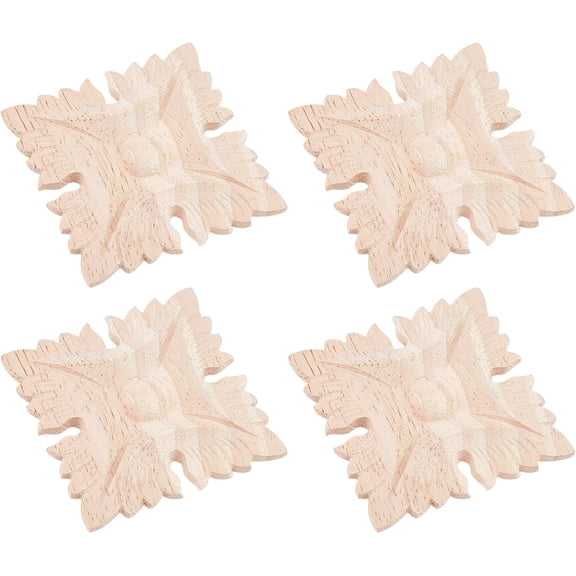 4PCS 2.3Inch Square Wood Carved Applique Onlay Square Carving Decal Burlywood Unpainted Flower Door Cabinet Furniture Decoration BurlyWood