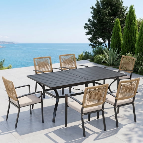 Sophia&William 7Pcs Patio Dining Set Outdoor Metal Stackable Chairs with Wicker Rattan Backrest & 60" Rectangular Table Furniture Sets for 6
