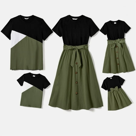 PatPat Women Dress Family Matching Outfits Womenmy and Me Splicing Short-sleeve Dresses for Women  Black & Green Size  S 