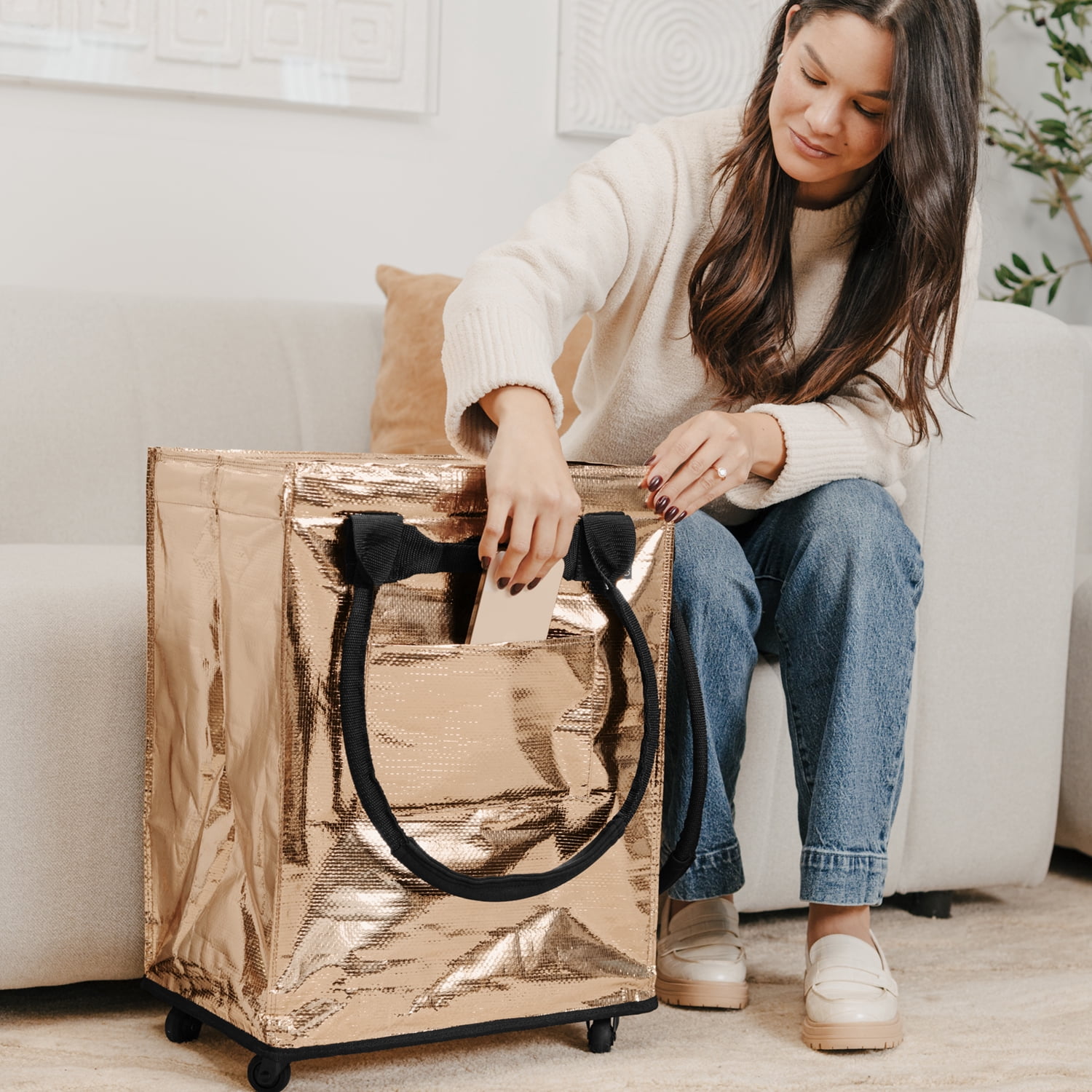 CleverMade Rolling Tote Cart 62L Collapsible Wheeled Bag, Rose Gold
