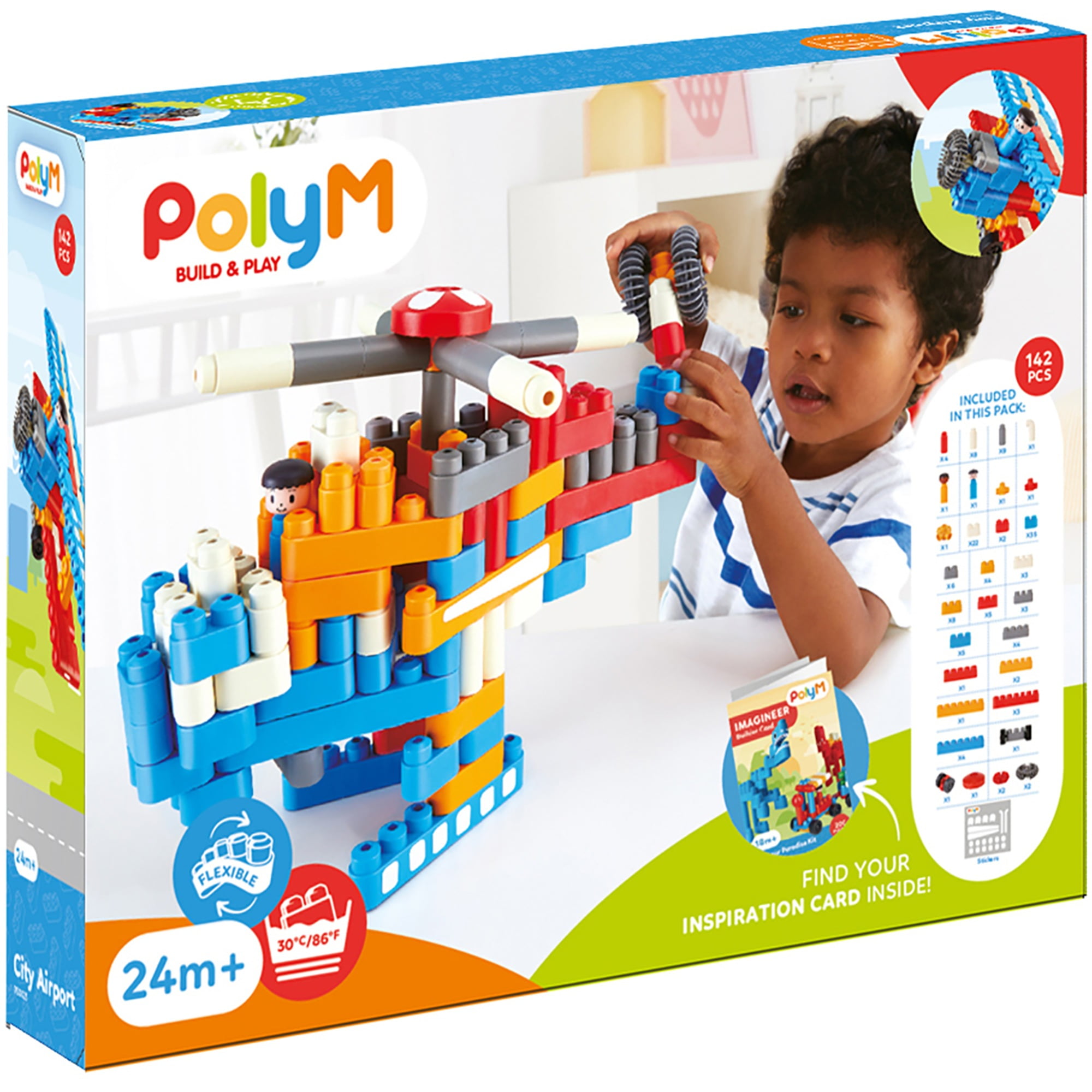 Hape: PolyM: City Airport - 142pc Building Blocks Toy Set w/ Figurines, Build & Play, Open Play & Inspiration Card, Toddlers & Kids Ages 2+