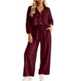 thumbnail image 2 of BRELIL Women's Two Piece Outfits Sets Collared Long Sleeve Shirt Wide Leg Pants Casual Lounge Matching Set Solid Boho Vacation Travel Tracksuit, Wine L, 2 of 6