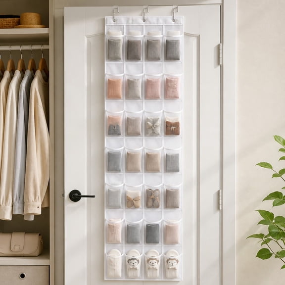 28Large Pockets Over The Door Shoe Organizer, Shoes Hanger Organizers Storage Holder for Back of Door and 3Metal Hook White