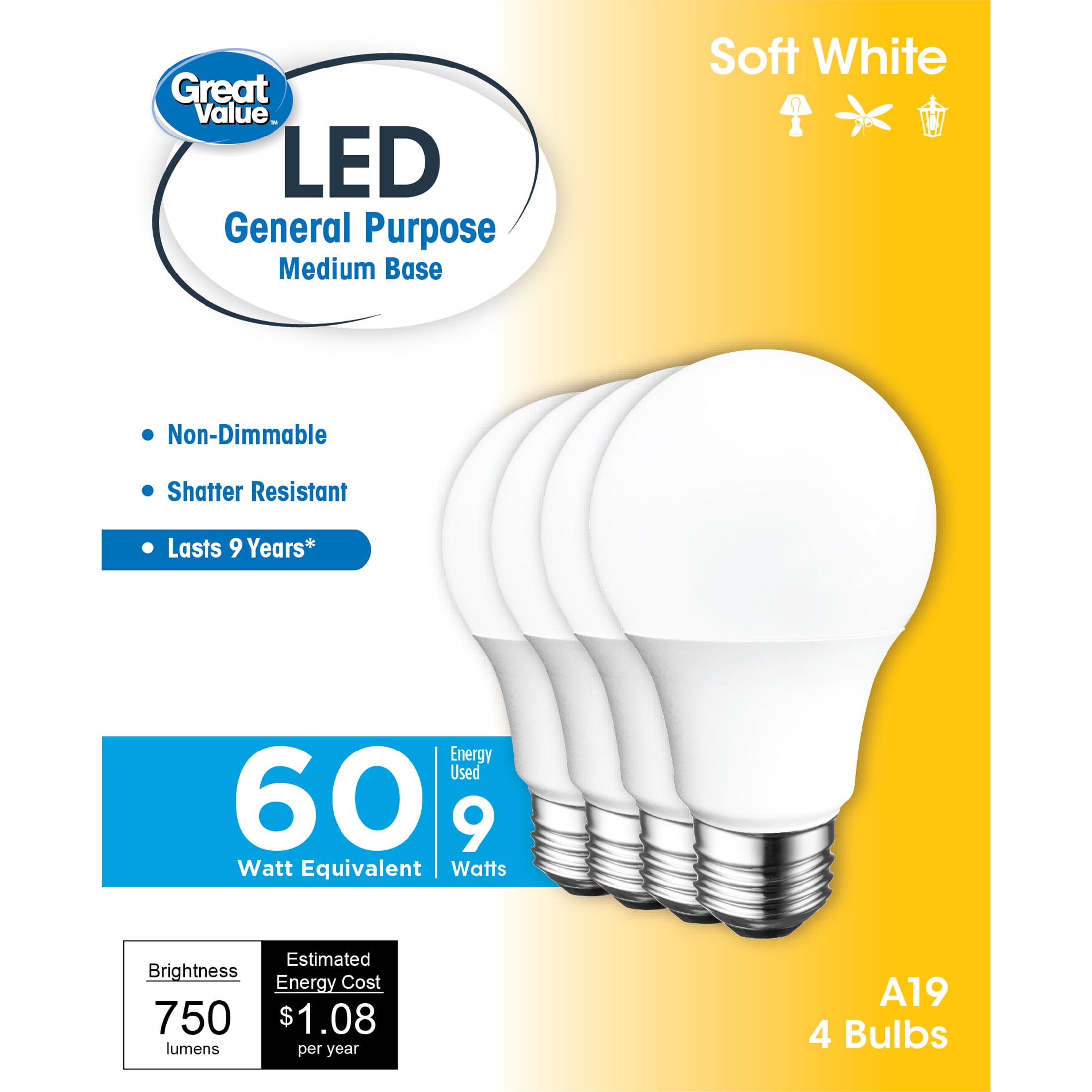 Great Value 9-Year 60 Watt LED Light Bulb,  A19 General Purpose Lamp E26 Medium Base, Non-dimmable, Soft White, 4-Pack