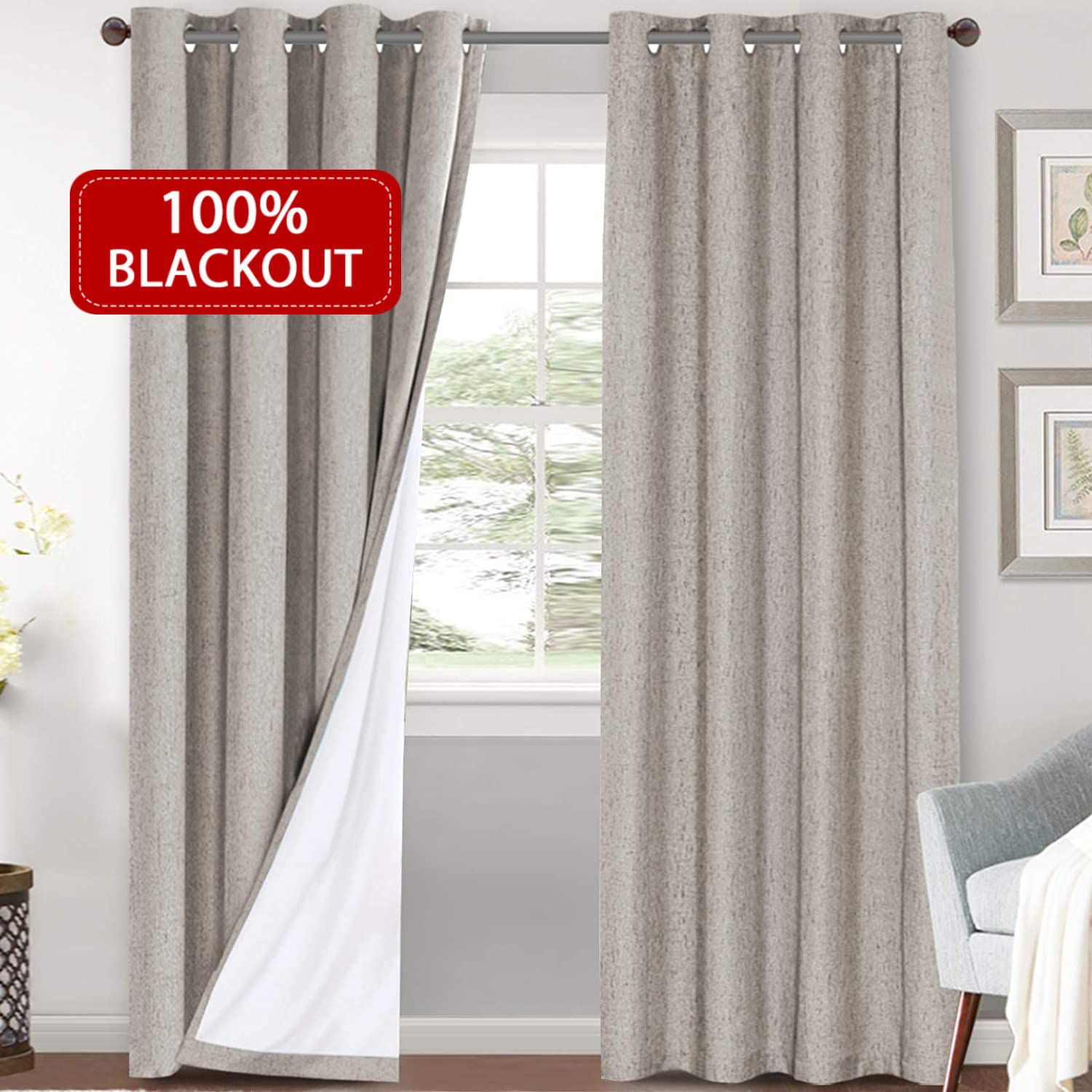 Linen Blackout Curtains 96 Inches Long 100% Total Blackout Heavy-Duty