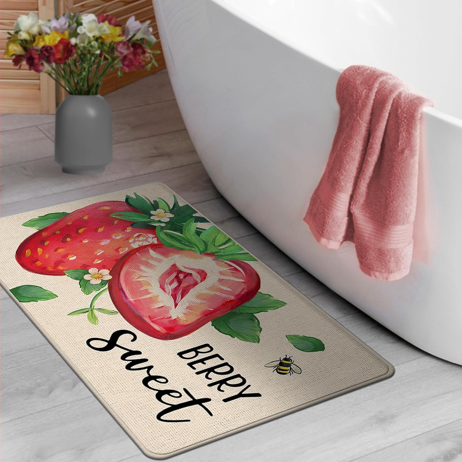 Spring Summer Strawberry Decorative Front Door Mat, Berry Sweet Welcome Doormat Indoor Outdoor Non-Slip Floor Entryway Rug, Fruit Bee Seasonal Home Kitchen Decoration 17x30 Inch