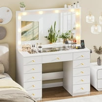 43.3" Vanity with Large Mirror and 10 LED Lights, Vanity Desk with Glasstop, 11 Drawers with Crystal Handles, Dressing Table with Power Outlet as Gift for Women, Girls (White)
