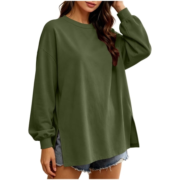 MYAOYINo Boundaries Cozy Oversized Long Sleeve Tee Women's Side Split Crew Neck Tunic Sweatshirt