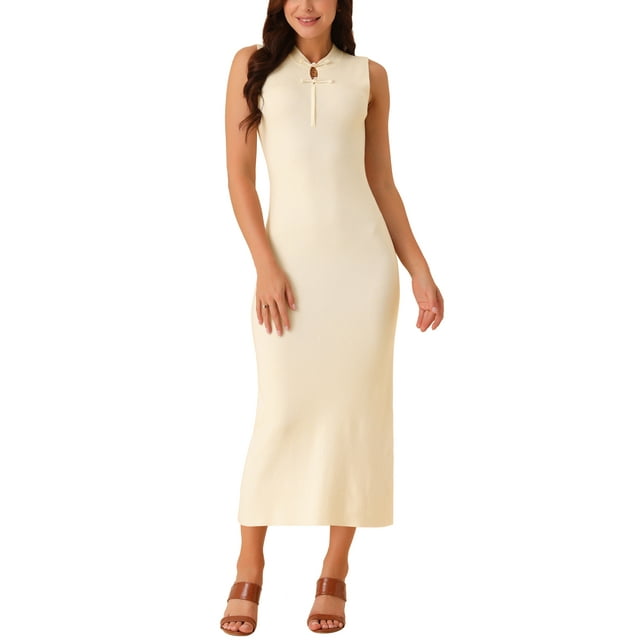 Vestido de suéter midi sin mangas de punto acanalado para mujer INSPIRE CHIC, elegante y casual con cuello simulado