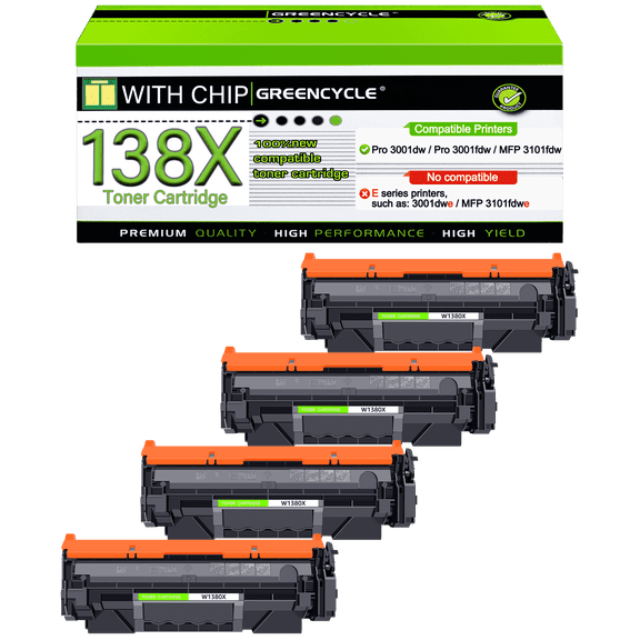 GREENCYCLE 4 Pack Compatible for 138X W1380X 138A W1380A Black Toner Cartridge Replacement with Laserjet Pro 3001dw 3001fdw MFP 3101fdw Series Printer