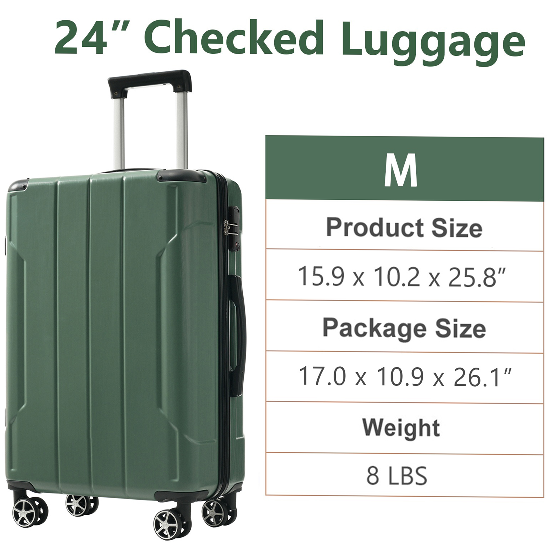 JERFIT 24" Expandable Hardshell Suitcase, Lightweight ABS Checked Luggage with TSA Lock & 8 Spinner Wheels, Green