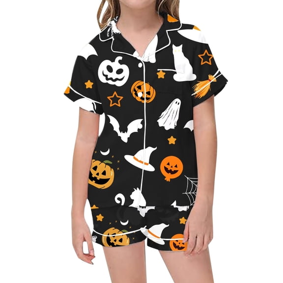 Yuncity Girls Pajamas Halloween Print Jammies Soft Satin Sleepwear Long Sleeve Comfortable Nightwear Outfit Party Loungewear Size 2-3 Years Black
