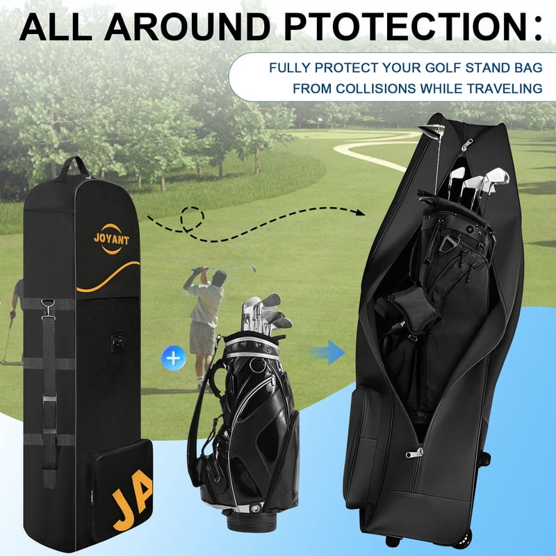 Golf Travel Bag with Wheels for Airlines, Rolling Golf Club Transport Case, Foldable Soft 600D Waterproof Oxford Golf Club Travel Covers with Shoe Pocket Black