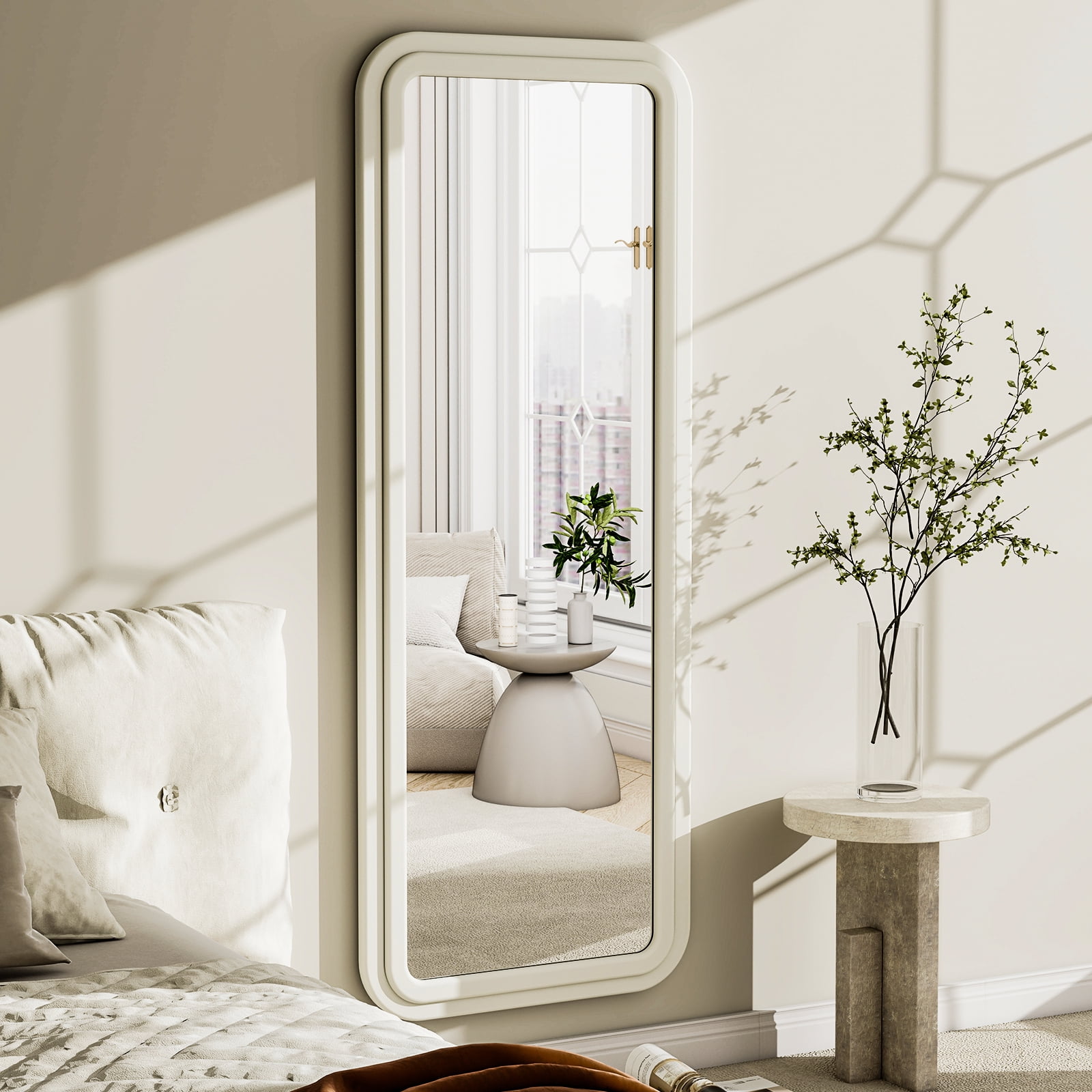 Easy4Home 63"x24" Rectangular Full Length Mirror with Flannel Frame Decorative Round Edge Floor Mirror, White