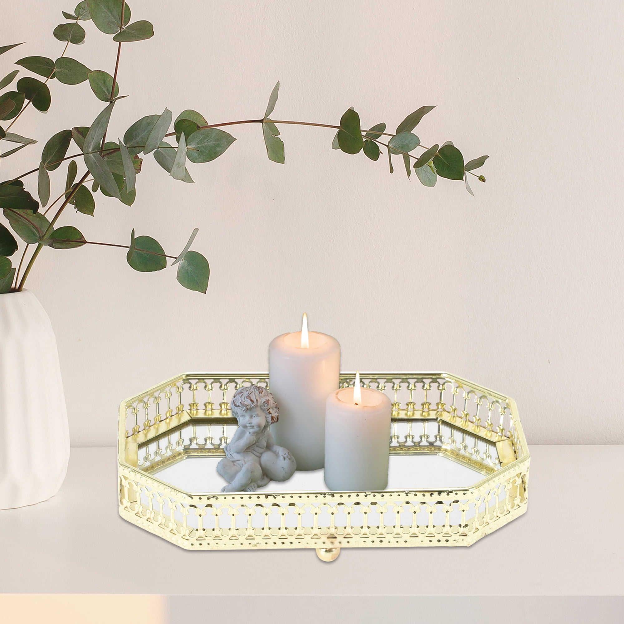 Unique Bargains Mirror Tray Metal Perfume Tray Glass Candle Serving Decorative Tray