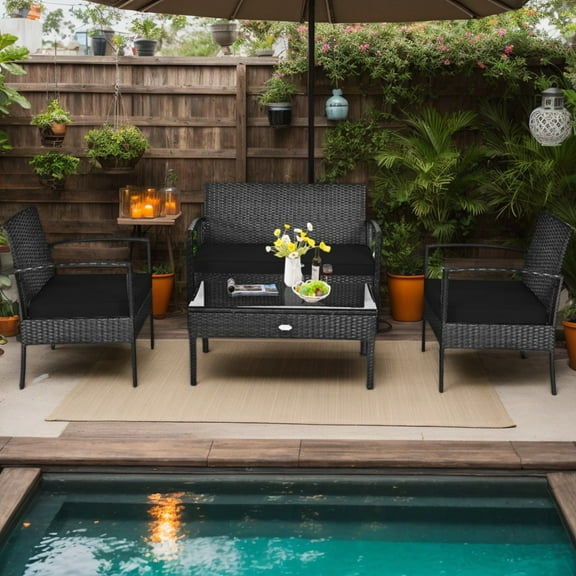 Yardi Yarda 4 Pieces Patio Rattan Cushioned Furniture Set, Patio Conversation Set for Outdoor as Yard, Black