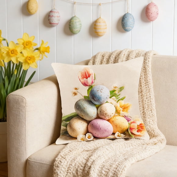 QTOCIO Easter Pillow Rabbits And Easter Egg Patterns Throw Pillow Cases Decorative Cushion Covers For Sofa Couch Home Easter Decor