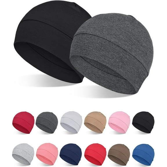 Minzimin 2Pcs 100% Viscose Beanies for Men Women Helmet Liner Lightweight Sleeping Cap for Chemo Hair Loss